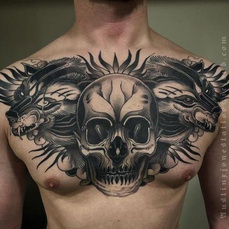 Austin Jones - Dark Neo Traditional Black and Grey Skull with Wolves Chest Piece Tattoo